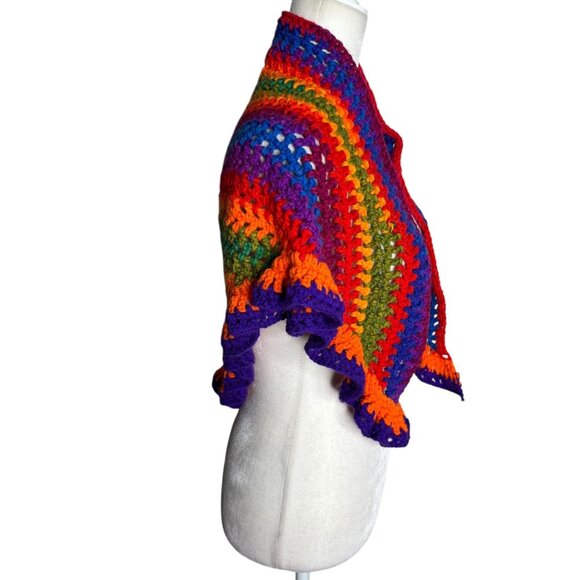 Handmade Rainbow Multi Color Crochet Knit Shawl Wrap With Ruffled Edges Soft NEW - Picture 3 of 4